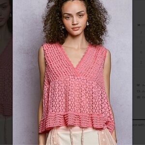 New: POL Darcy Pink Boho Lace Cropped Ruffle Babydoll Top• Small
